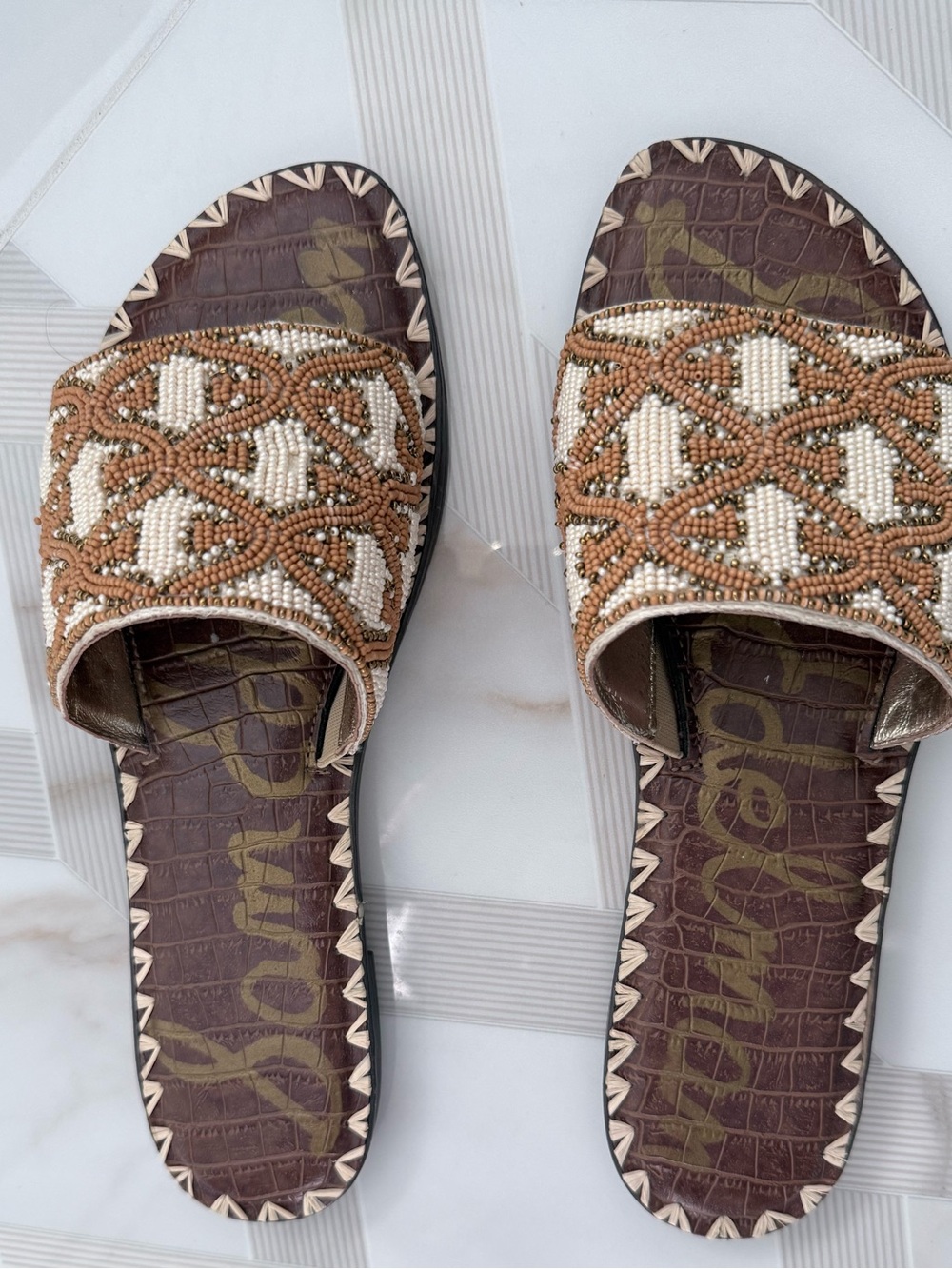 Women's Beaded Brown & Cream Slide Mules